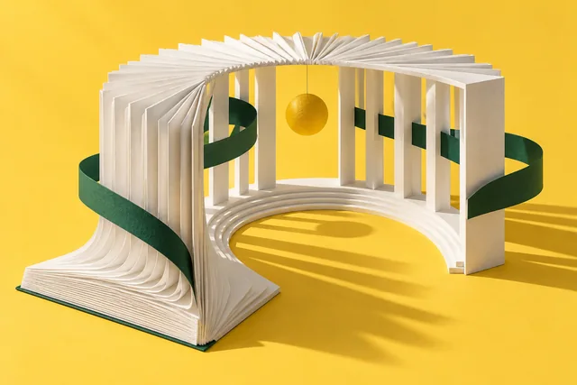 A white book unfolds into an open paper pavilion, an illustration of knowledge as a shared space.